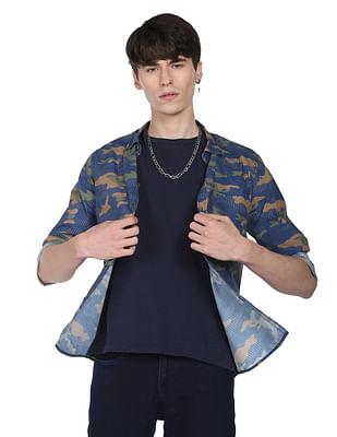 men blue abstract print cotton casual shirt