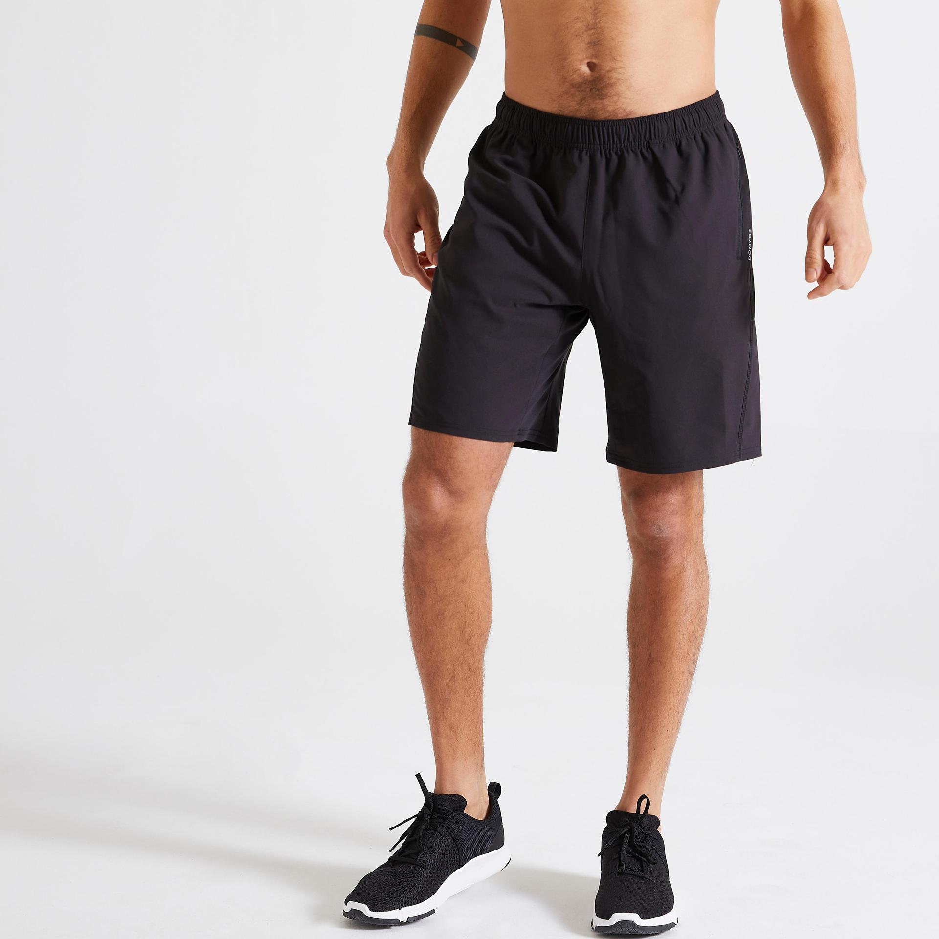 men sports gym shorts   polyester with zip pockets black