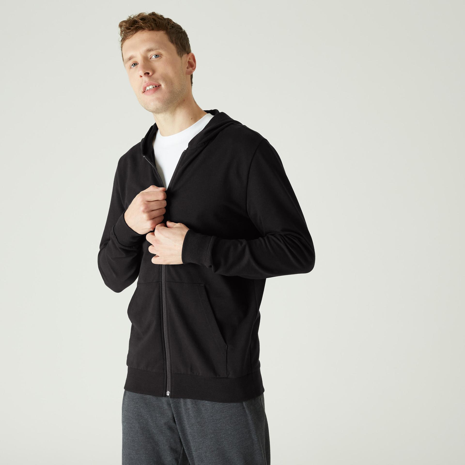 men sweatshirt with hood and zip 100 for gym- black