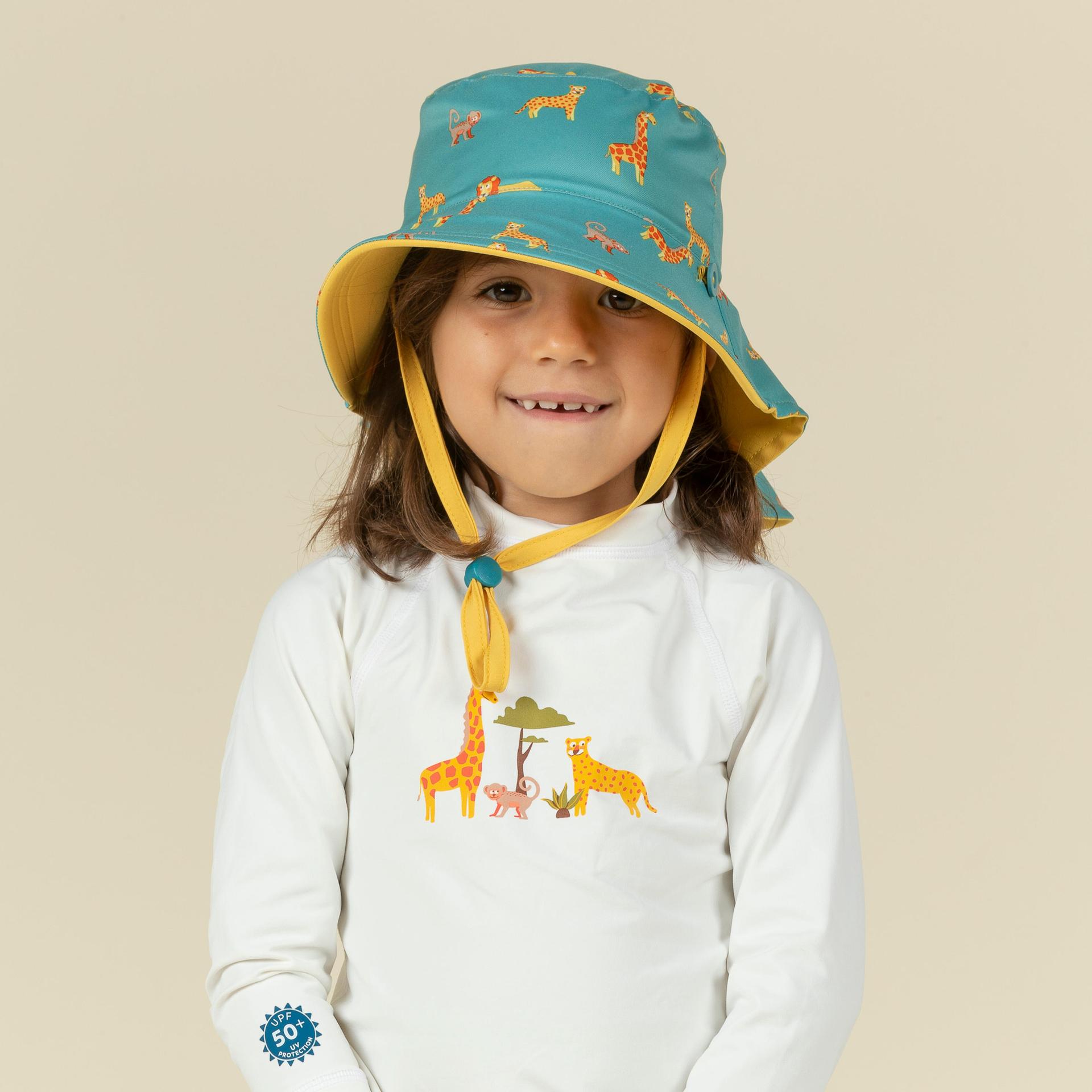 baby reversible uv-protection hat - yellow and blue savana print