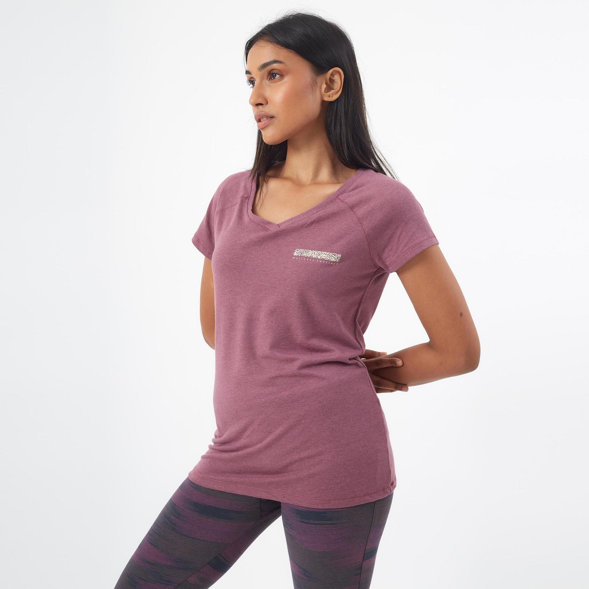 women's gym cotton blend slim fit stretchy printed tshirt-grape