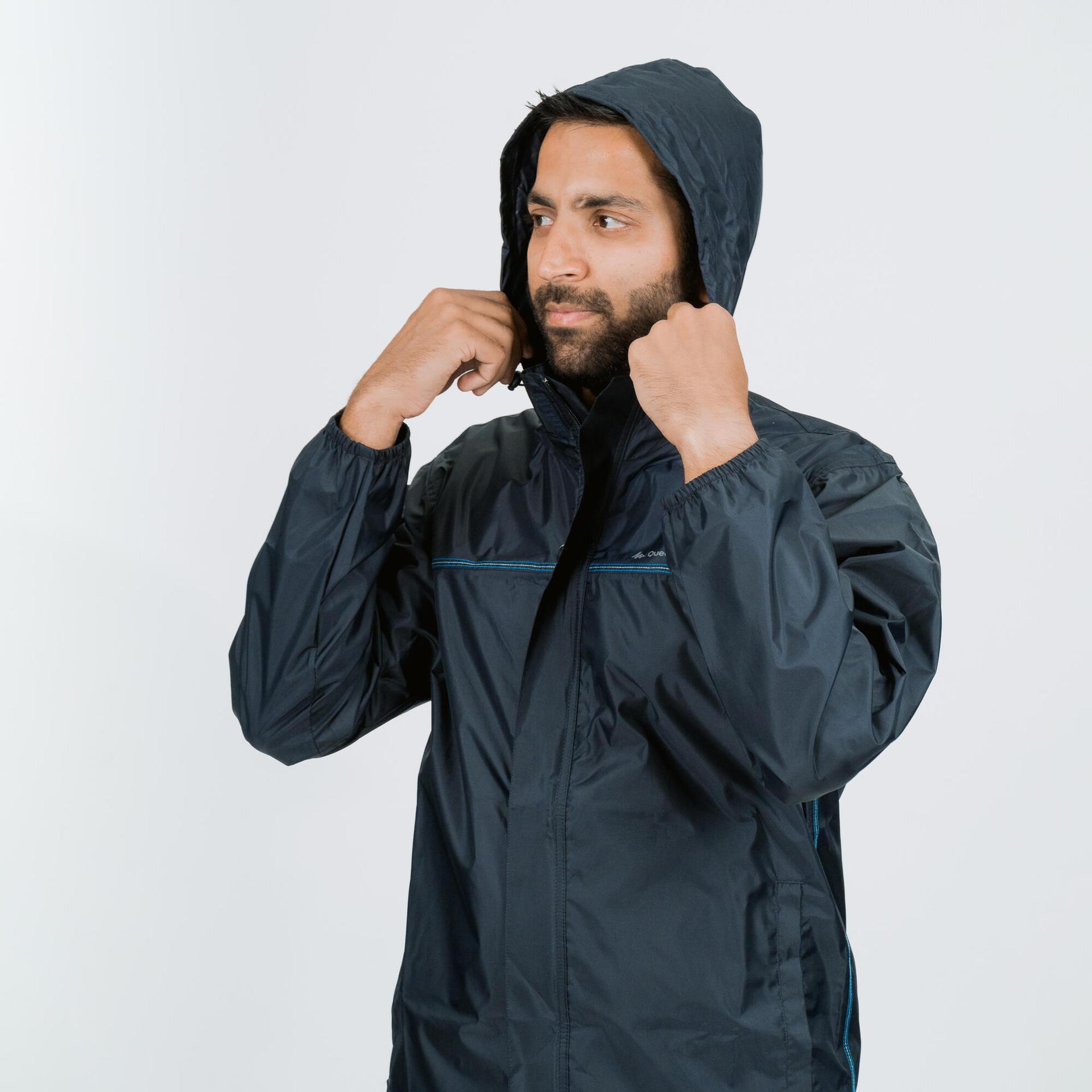 men full zip rain jacket with storage pouch blue - nh100