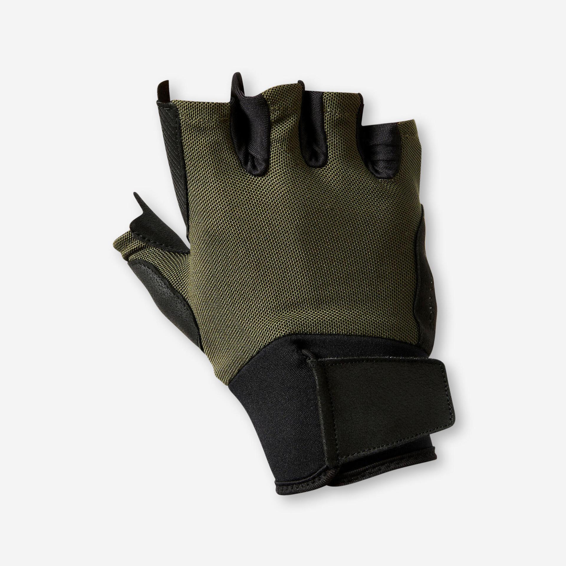 weight training gloves 500, enhanced grip, breathable, rip-tab closure - khaki