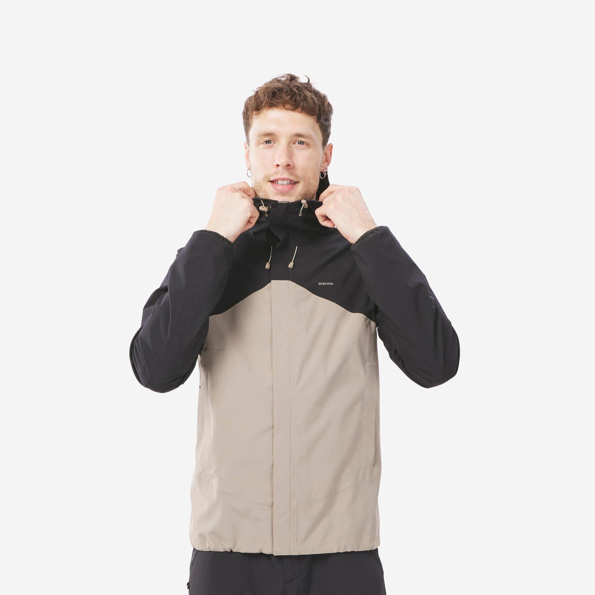 men full zip waterproof rain jacket and windcheater beige black - mh150