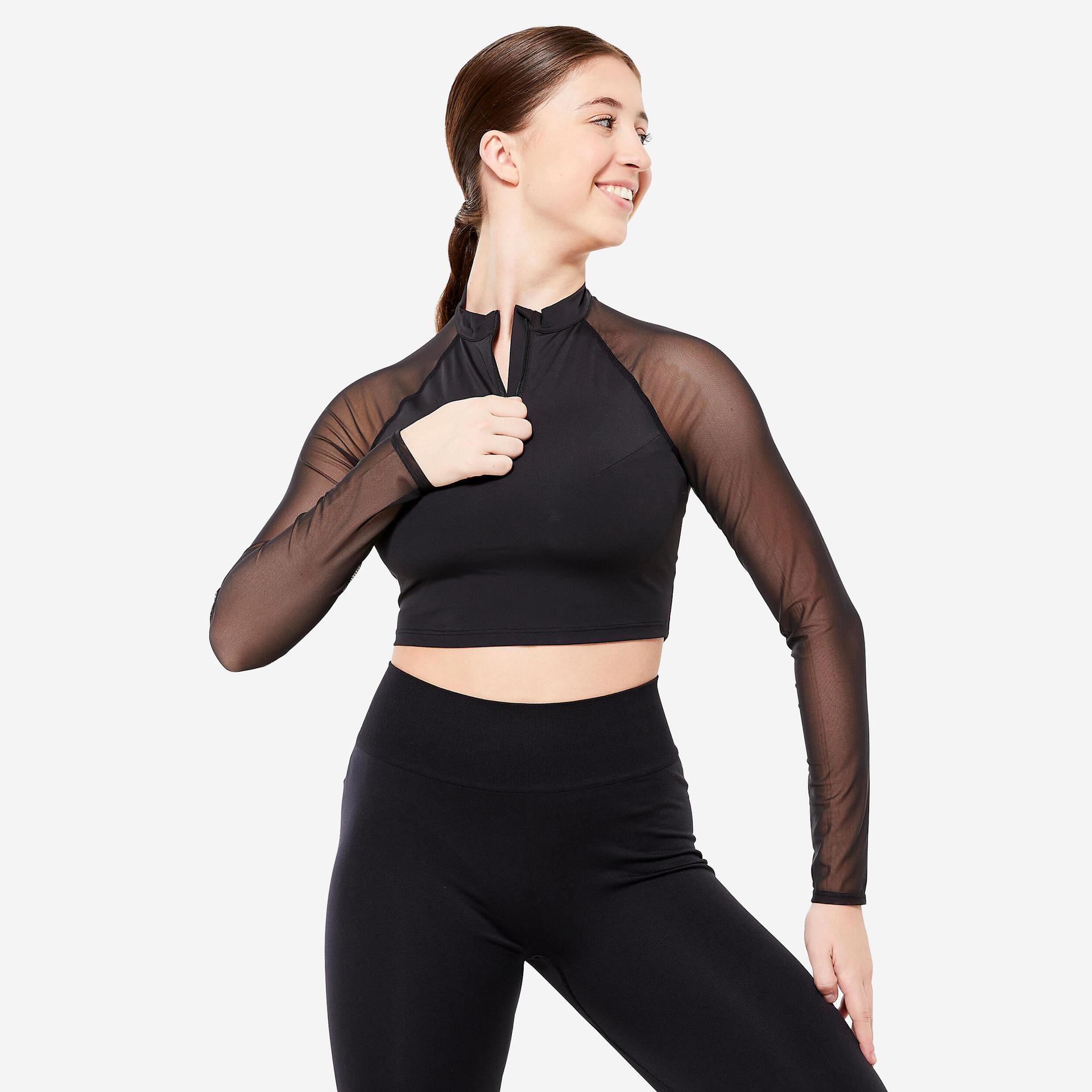 women's modern dance long-sleeved crop top with sport bra - black