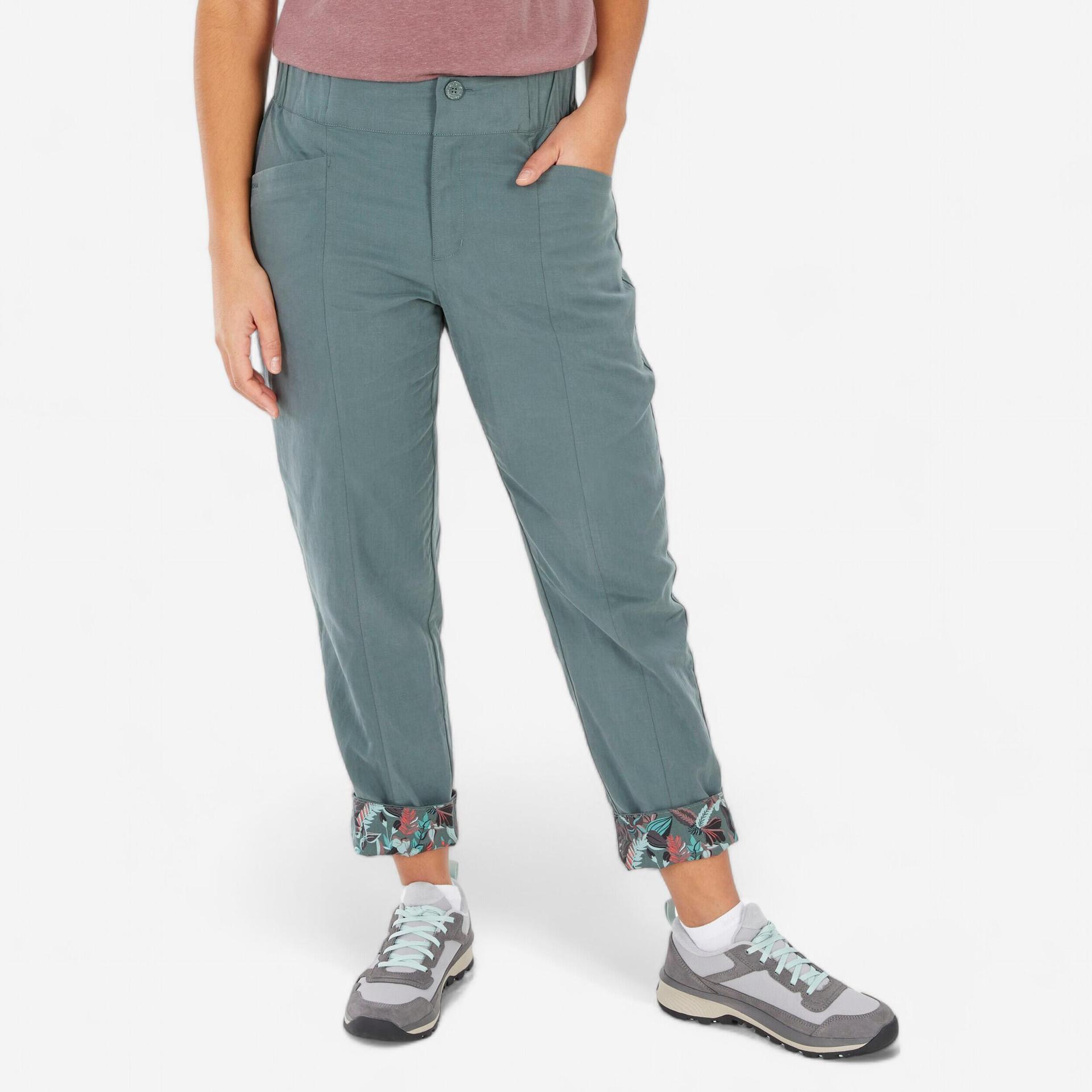 women relaxed fit linen pants grey khaki - nh500