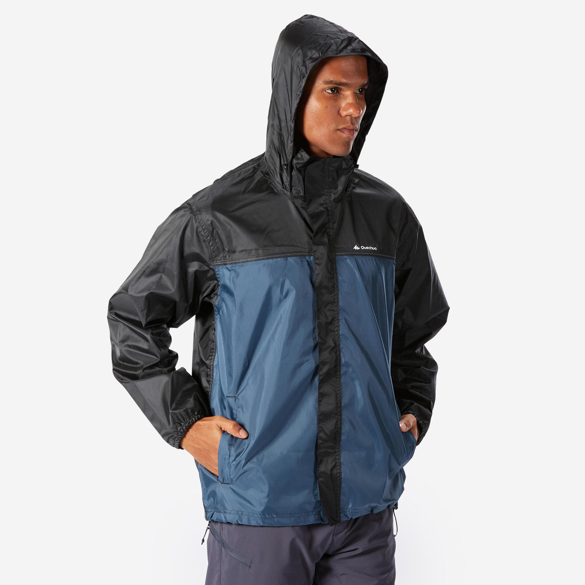 men full zip rain jacket with storage pouch black blue - nh100