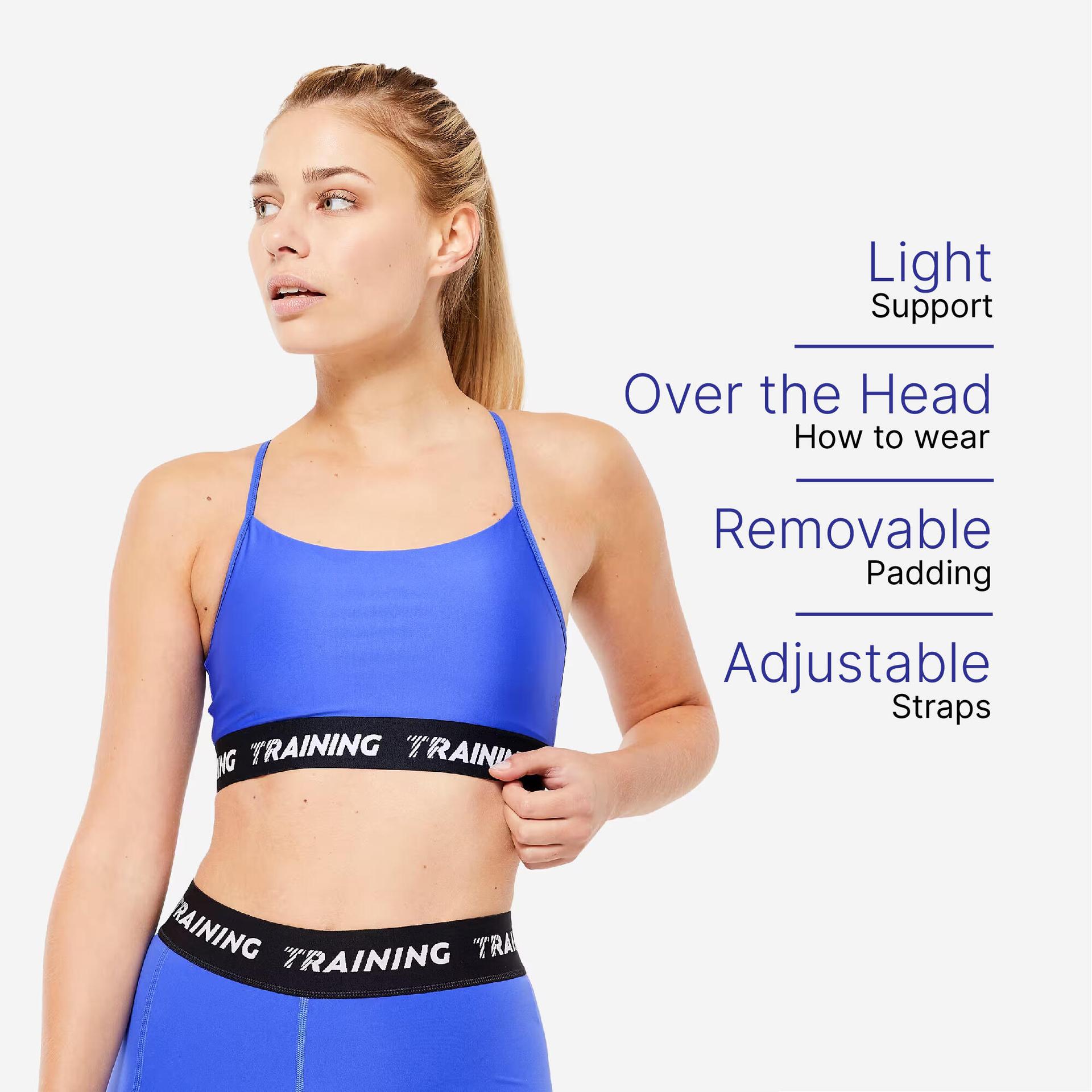 women's sports bra with thin cross-over straps - indigo blue