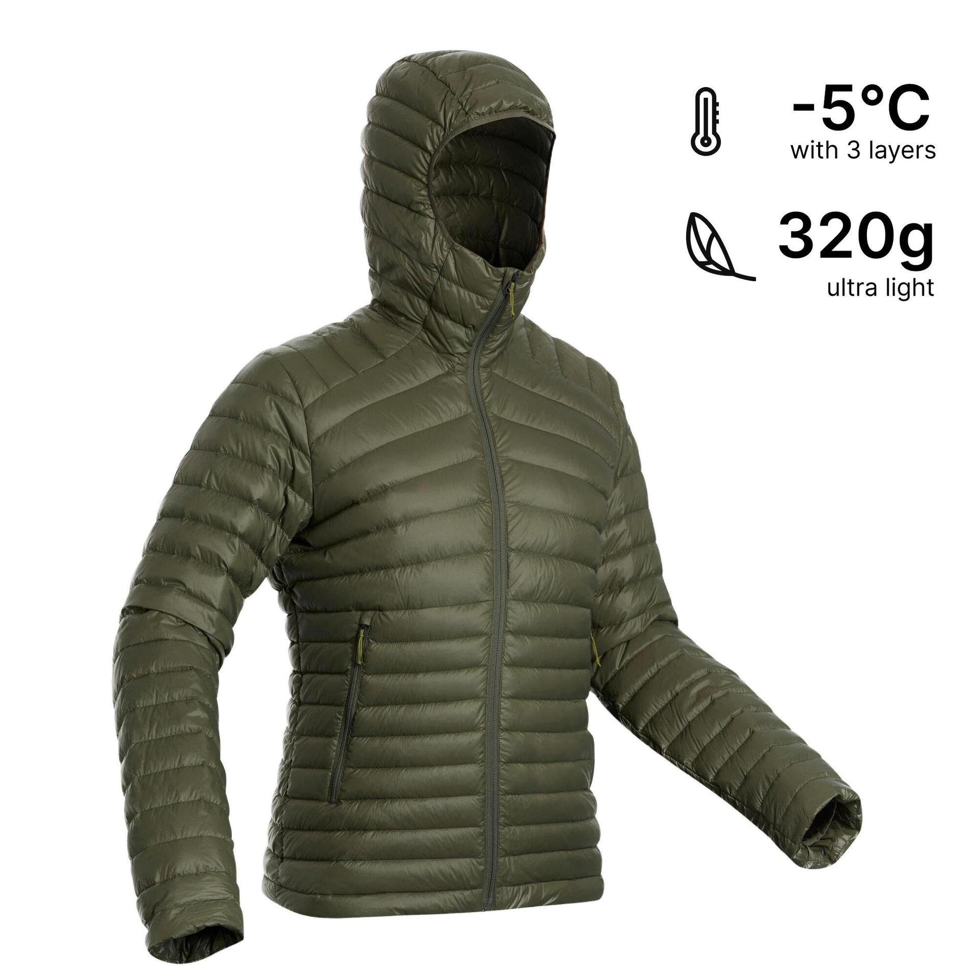 men puffer down jacket for trekking mt100 -5°c  khaki