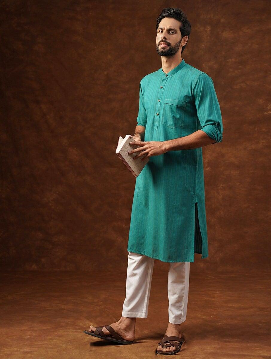 men teal blue cotton self design mandarin collar regular fit kurta