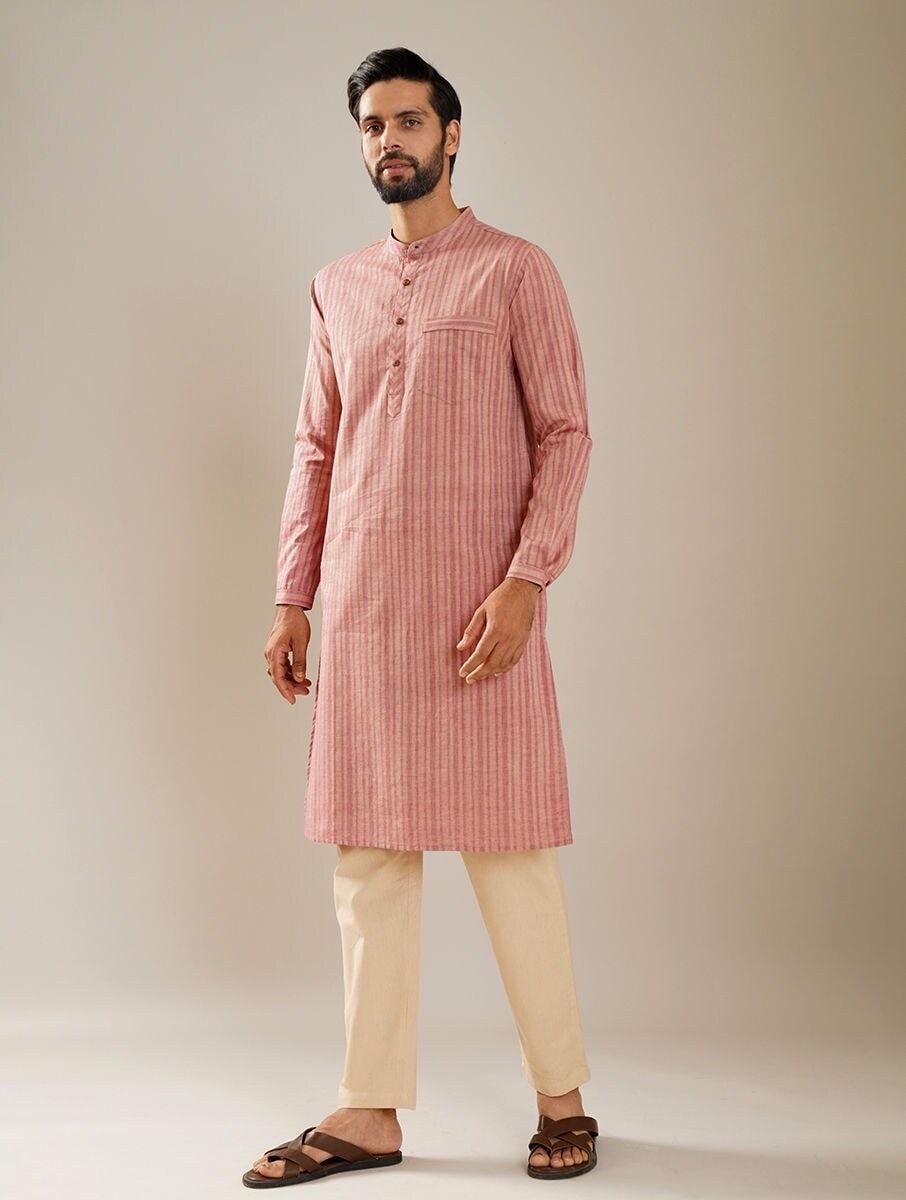 men pink cotton self design mandarin collar regular fit kurta