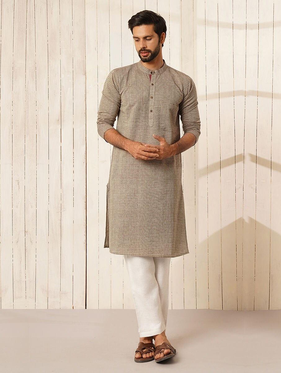 men beige brown cotton self design mandarin collar regular fit kurta