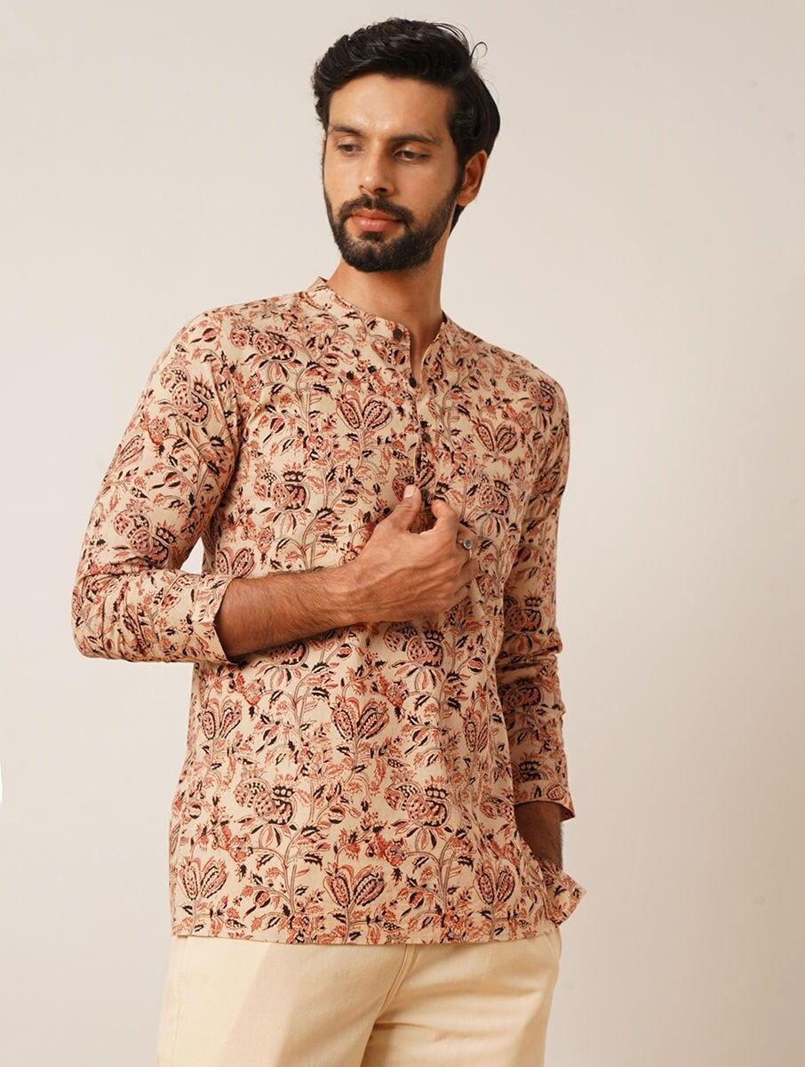 men multicolour cotton printed mandarin collar regular fit kurta