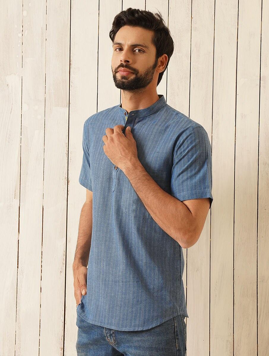 men blue cotton self design mandarin collar regular fit kurta