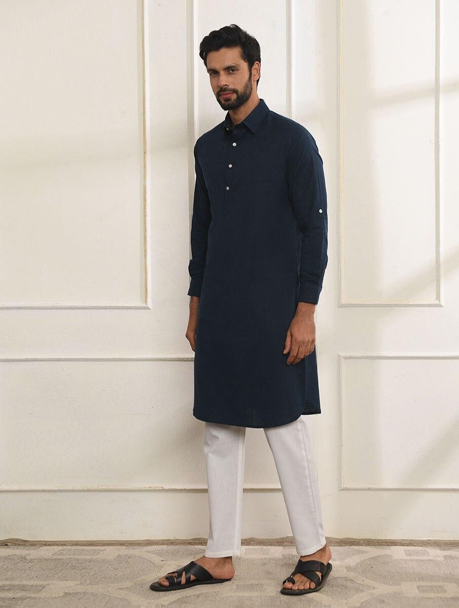 men indigo blue cotton solid shirt collar regular fit kurta