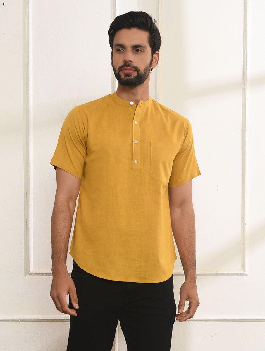 men mustard yellow cotton solid mandarin collar regular fit kurta