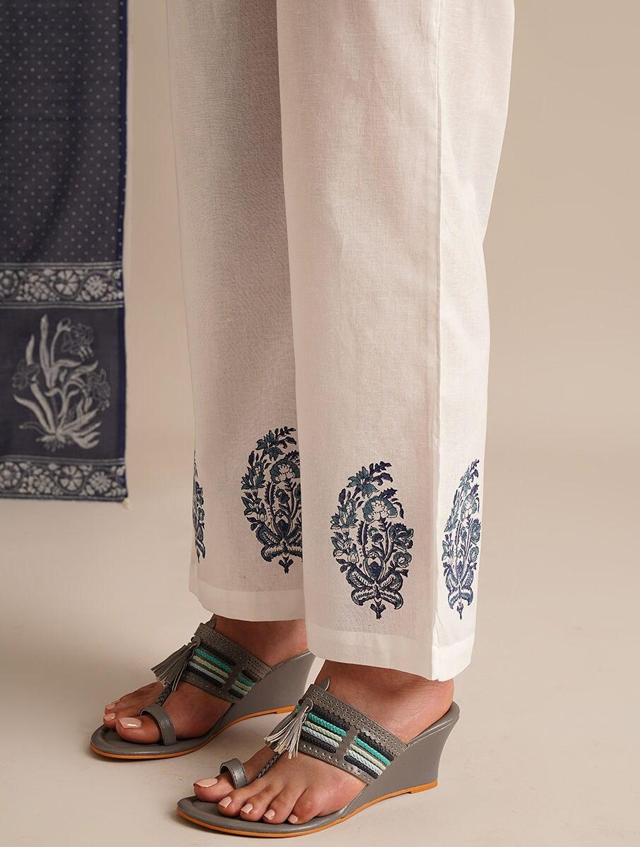 women white cotton block print ankle length palazzo