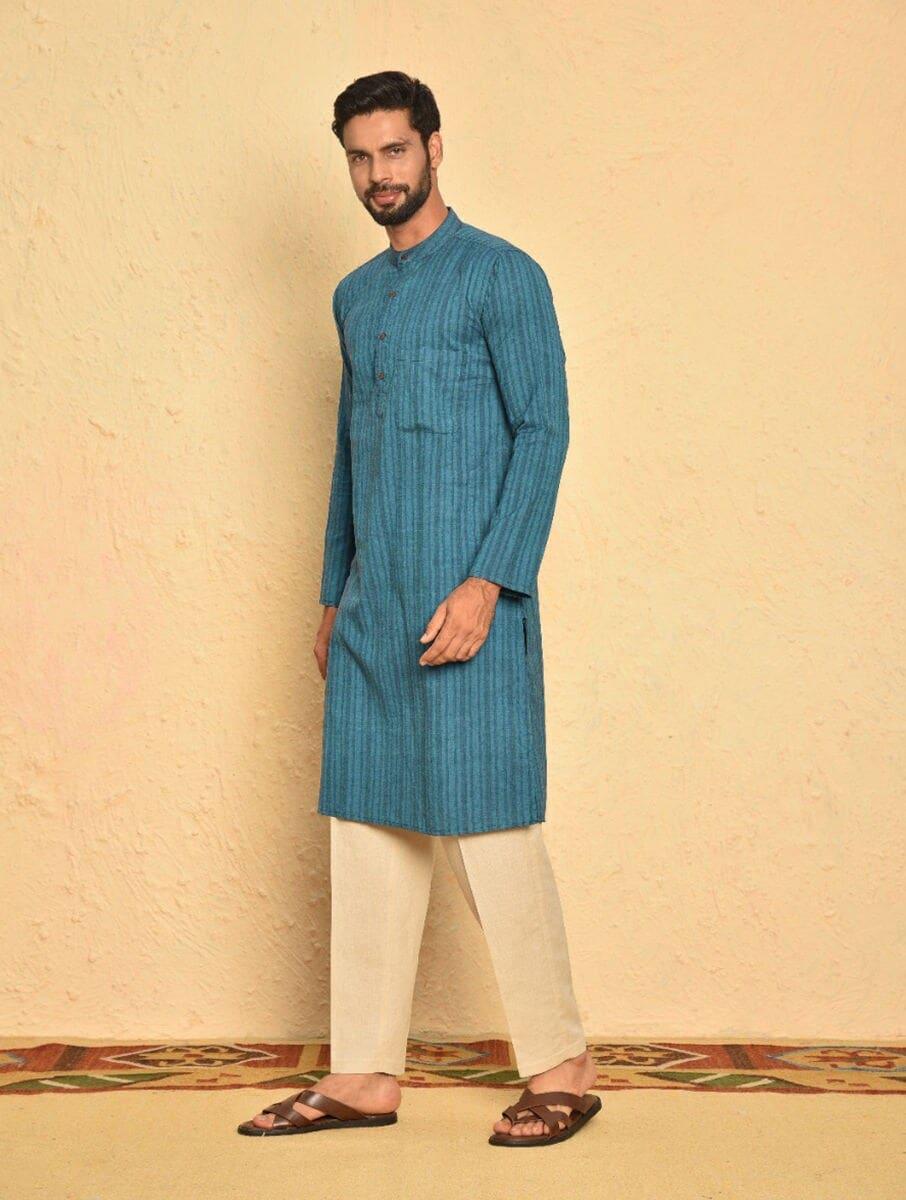 men teal blue cotton self design mandarin collar regular fit kurta