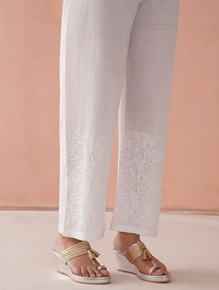 women white cotton chikankari ankle length palazzo