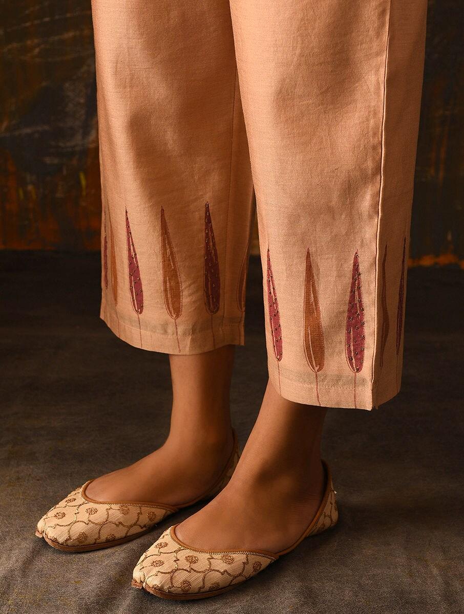 women peach orange cotton silk block print ankle length palazzo