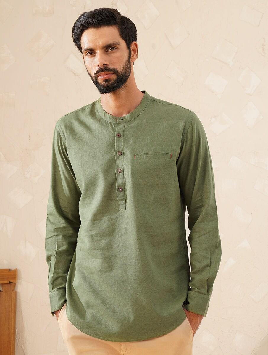 men olive green cotton linen solid mandarin collar regular fit kurta