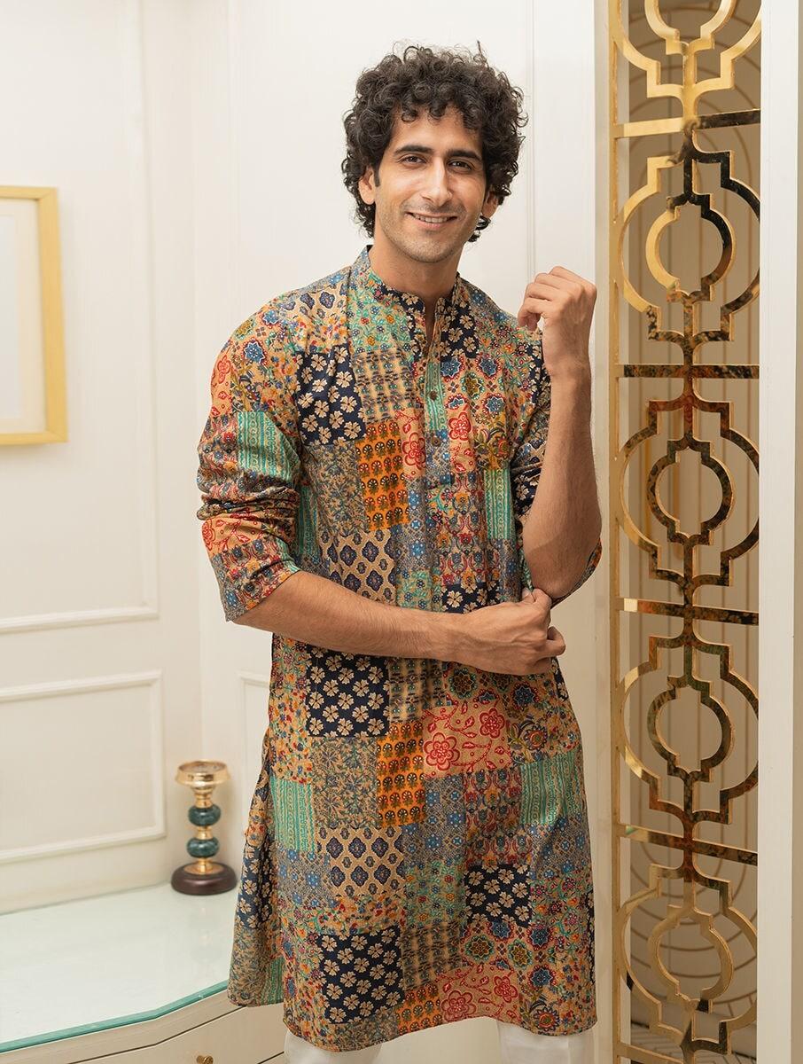 men multicolour cotton printed mandarin collar regular fit kurta