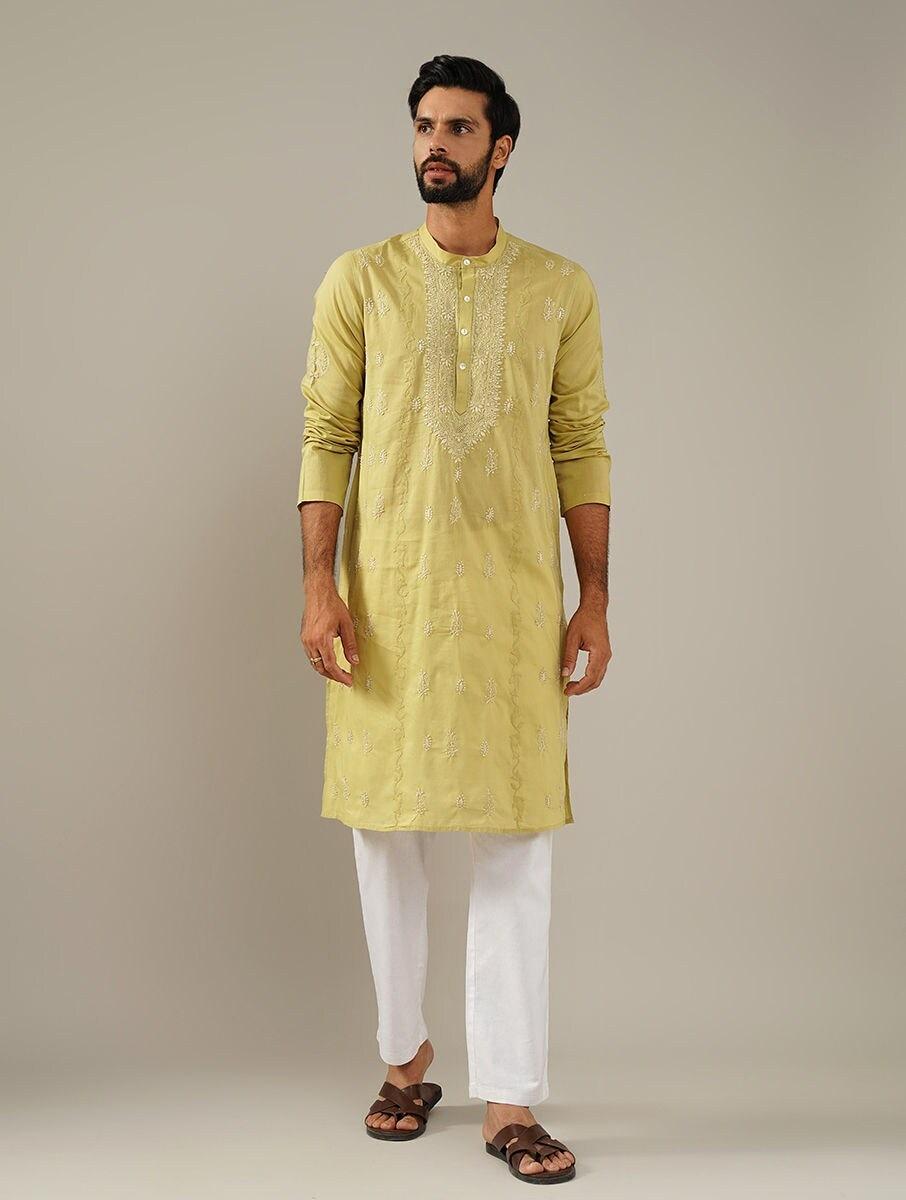 men green cotton embroidered mandarin collar straight fit kurta