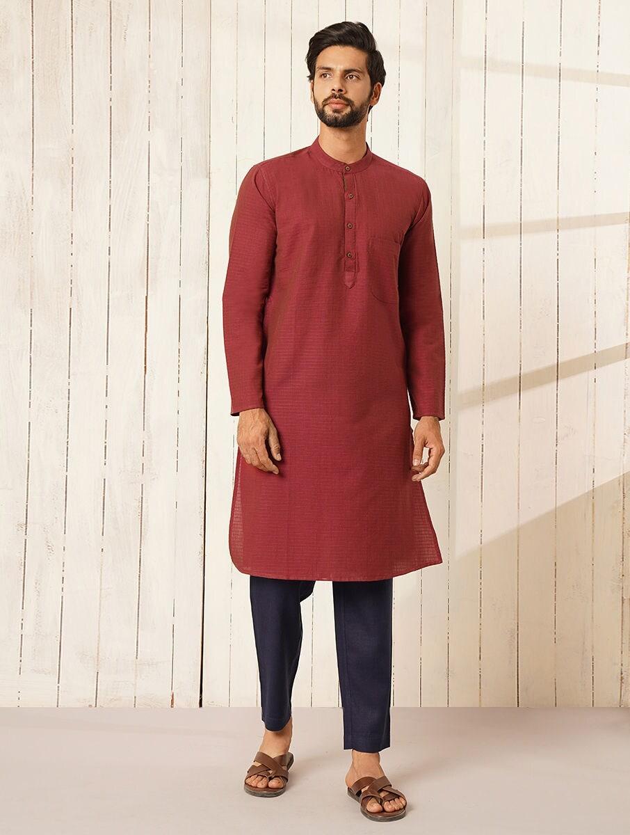 men maroon red cotton striped kurta