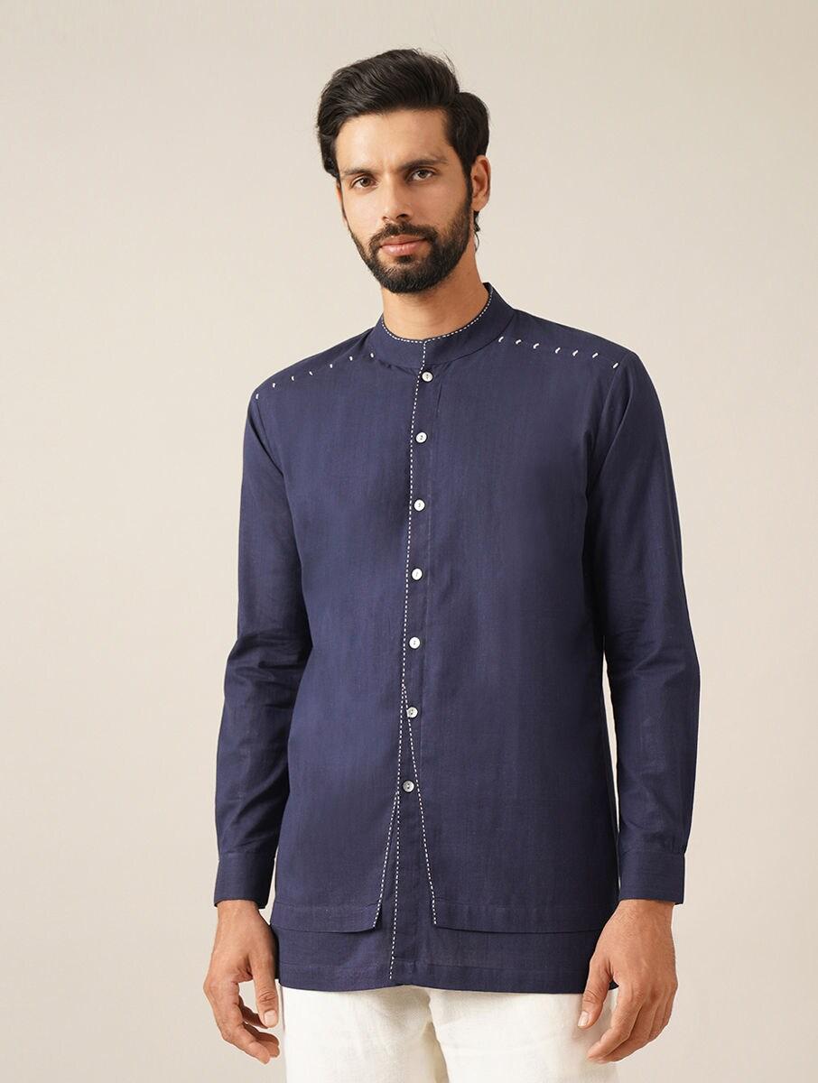 men indigo blue cotton solid mandarin collar regular fit kurta