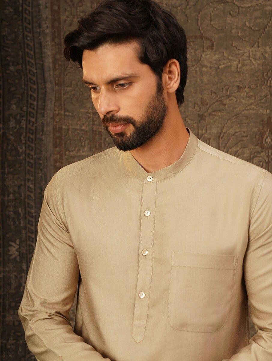 men beige brown silk blend regular fit kurta