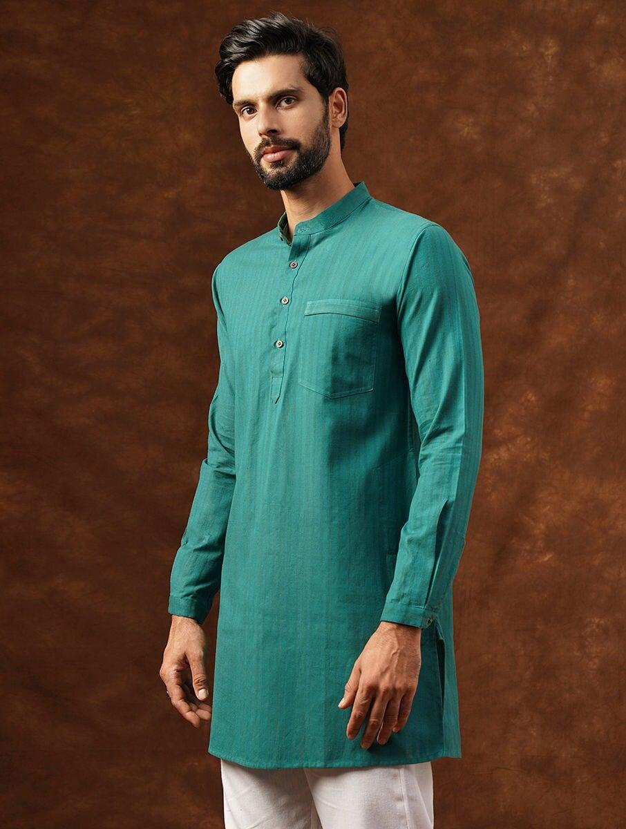 men teal blue cotton striped round neck regular fit kurta