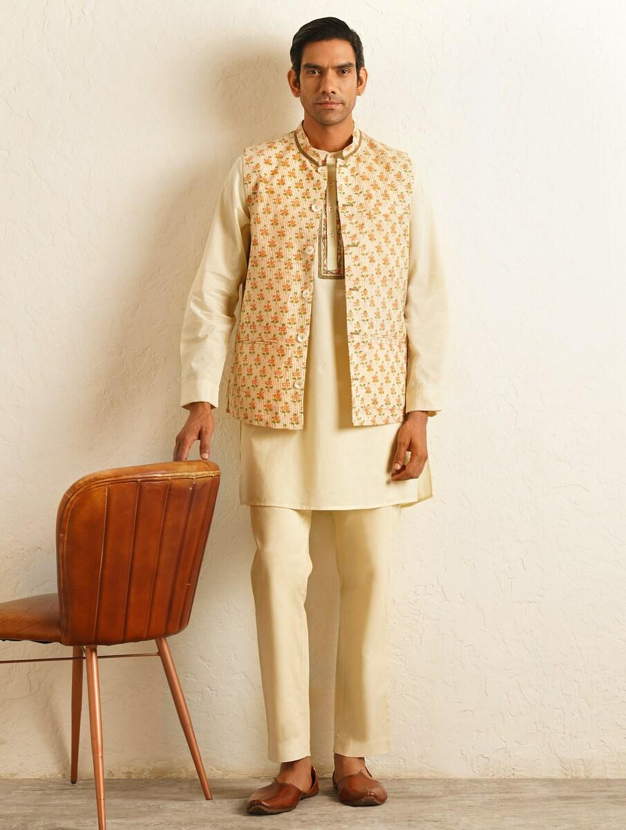 men multicolour cotton block print mandarin collar straight kurta sets