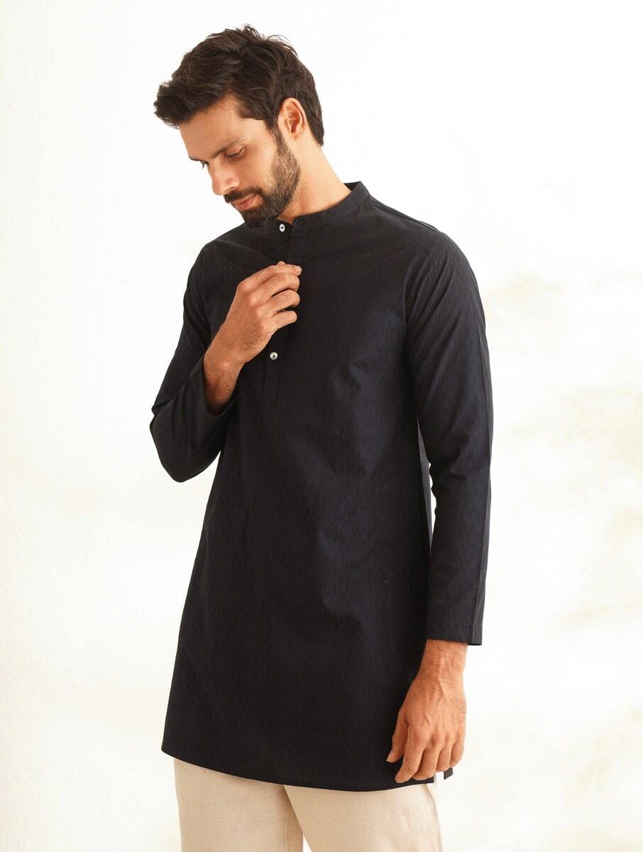 men black cotton mandarin collar straight fit kurta