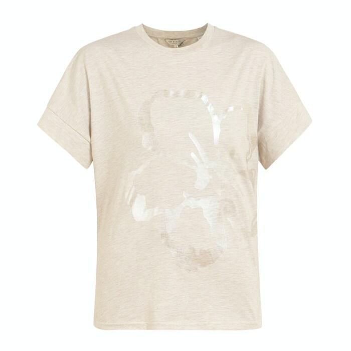 women beige foil print t shirt