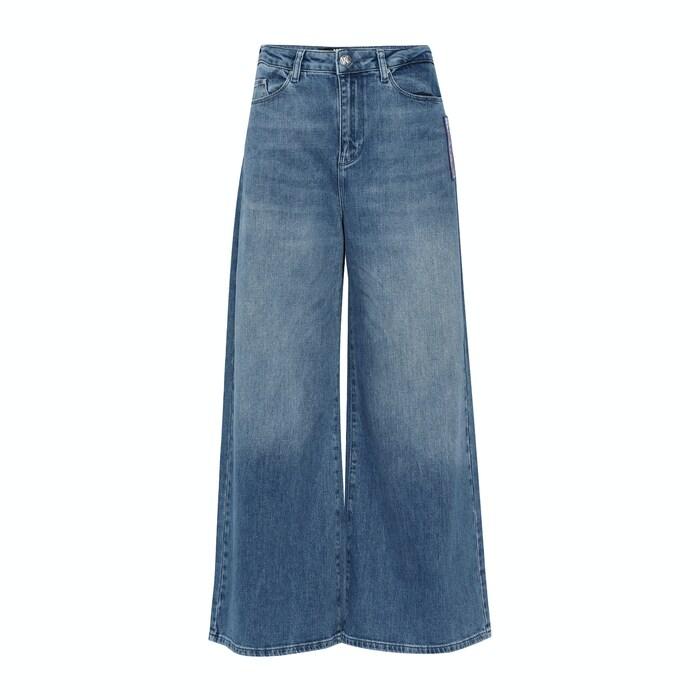 women mid-wash denim culottes with logo