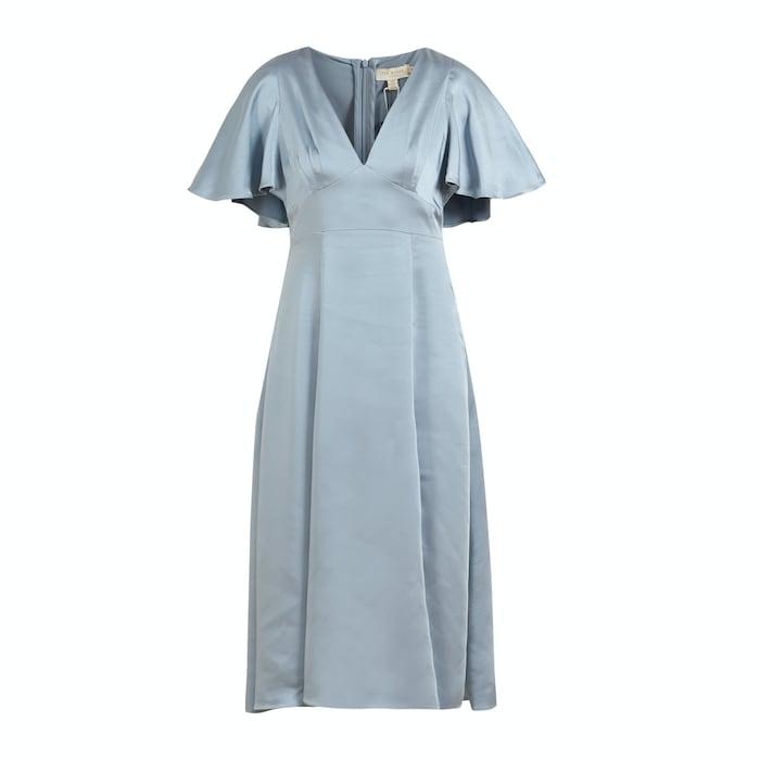 women blue satin midi dress with cape sleeves