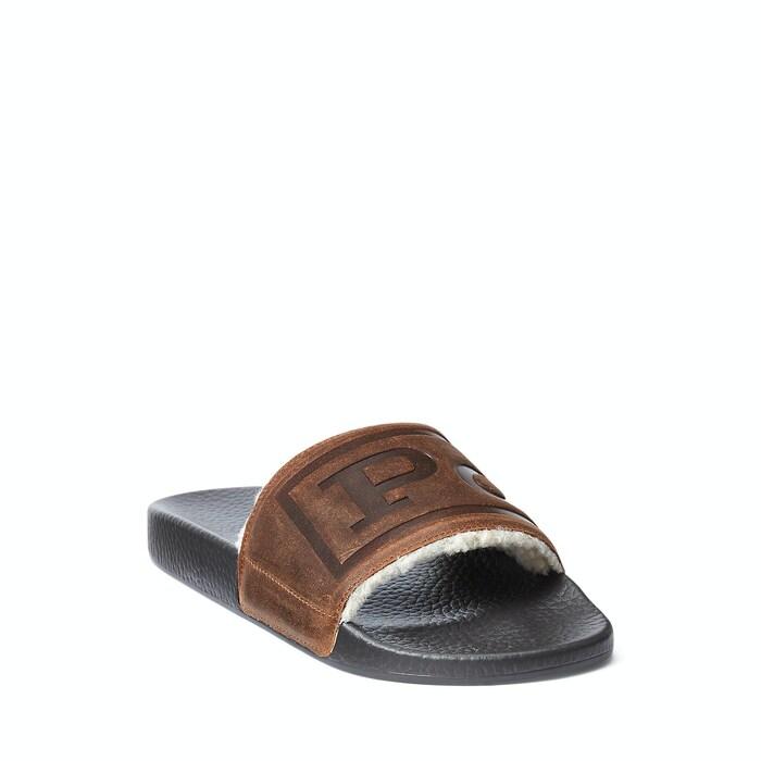 men brown faux-shearling-lined suede slide