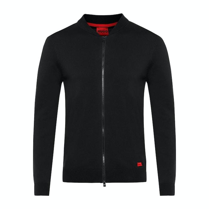 men black solid front-zipper red brand patch sweater