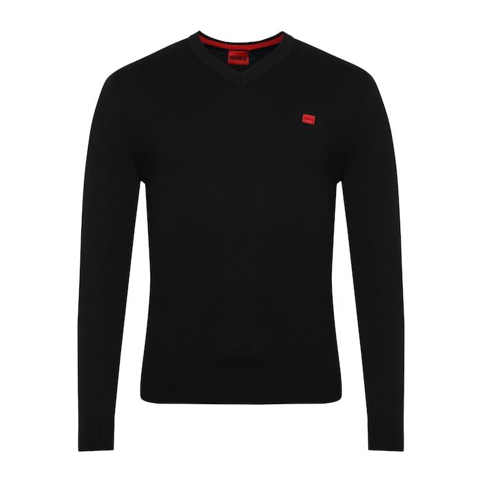 men black solid v-neck chest red patch sweater