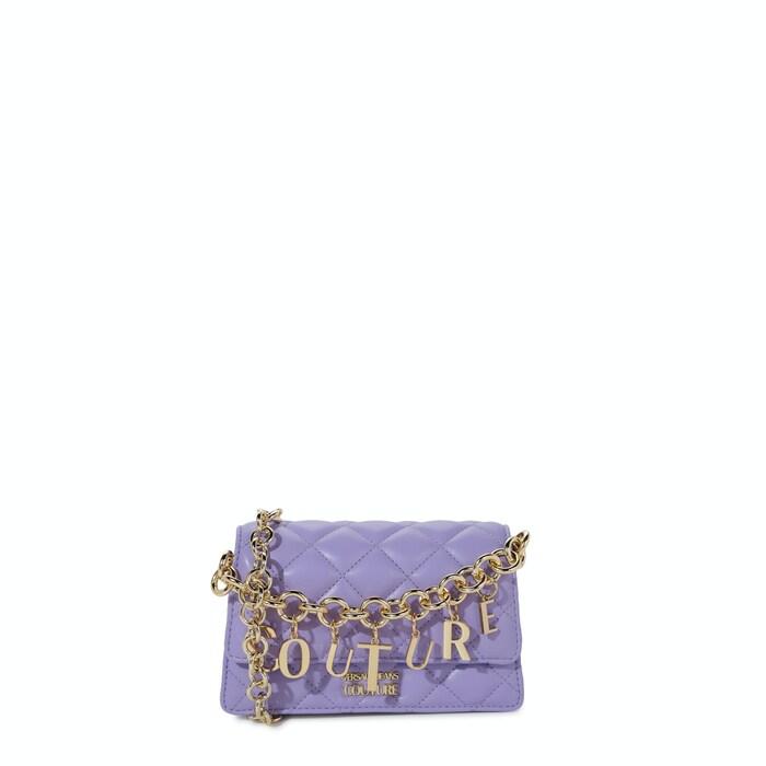 women purple quilted pu couture lettering crossbody bag