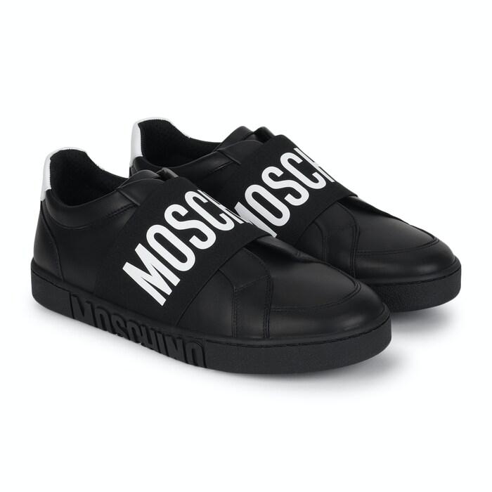 men black slip-on shoes with white branding tape