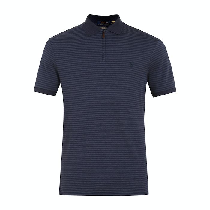 men blue striped half-zip logo polo