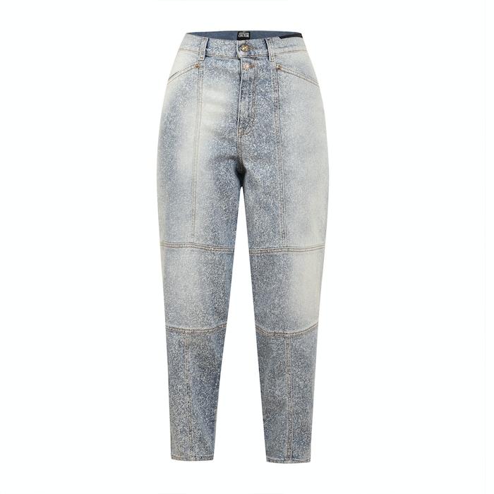 women light blue splatter print tapered denim jeans