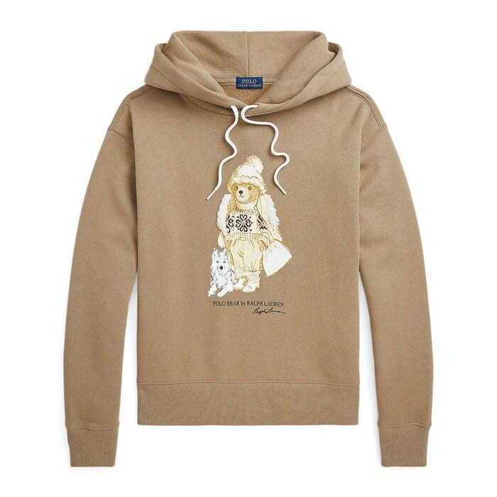 women brown polo bear fleece hoodie