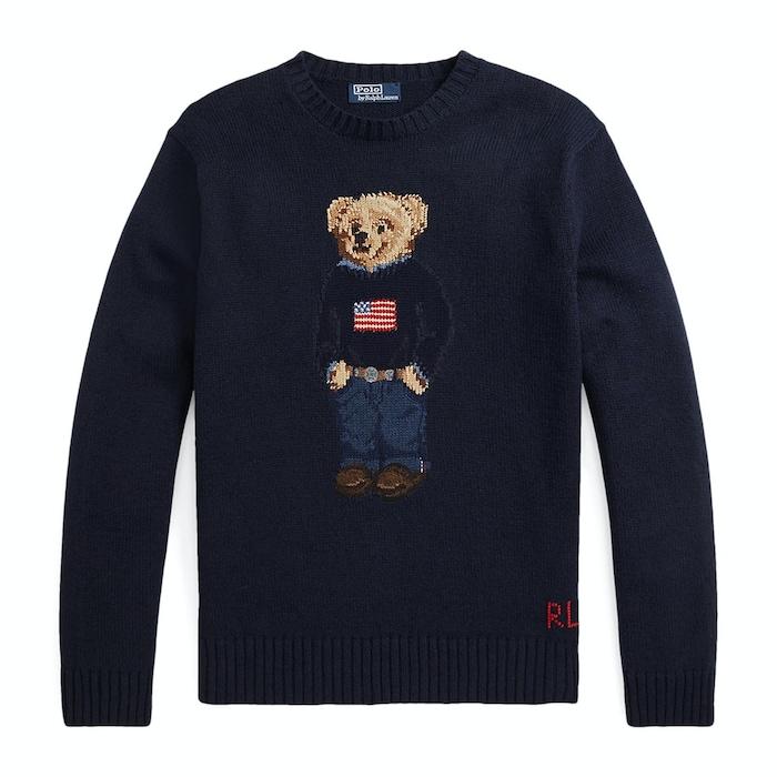 men navy polo bear cotton-linen sweater