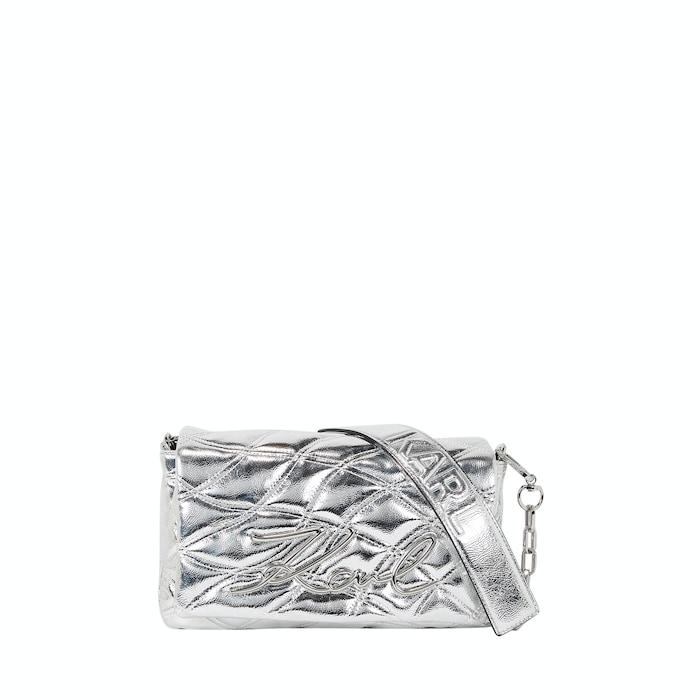 women silver signature soft metallic quilted shoulder bag