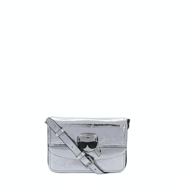 women silver karl doll flap leather crossbody bag