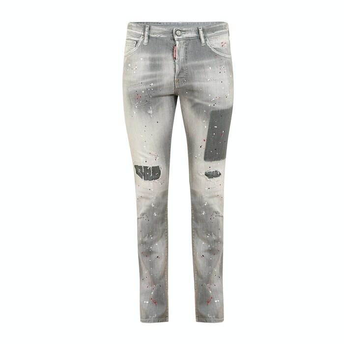 men light grey splatter paint & distressed jeans