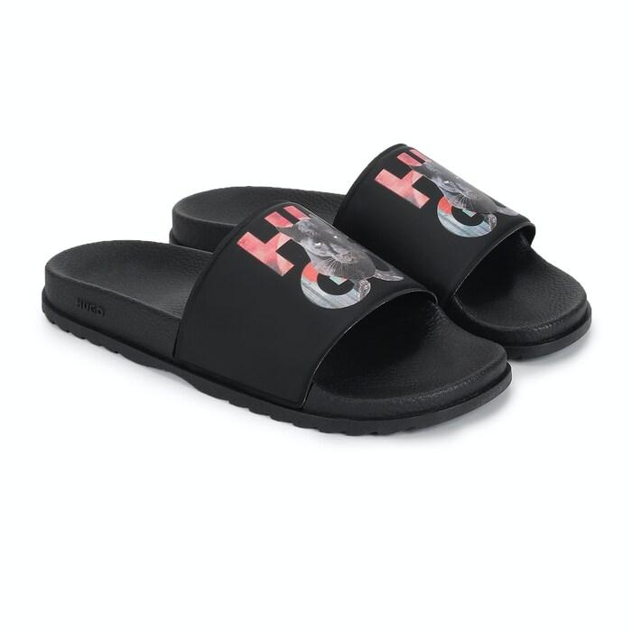 men black hugo print sliders