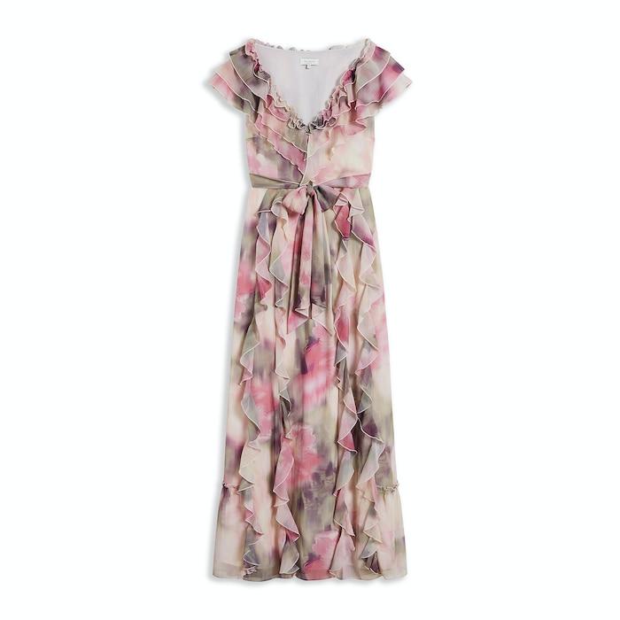 women coral frilled floral maxi dress